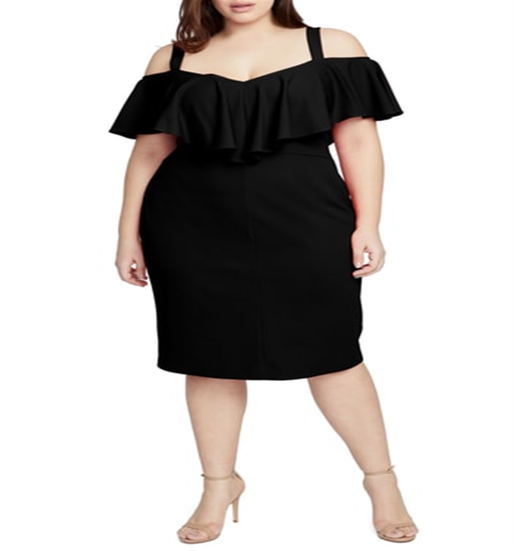Rachel Roy Women's Spaghetti Strap Off Shoulder Below the Knee Sheath Evening Dress Black Size 14W