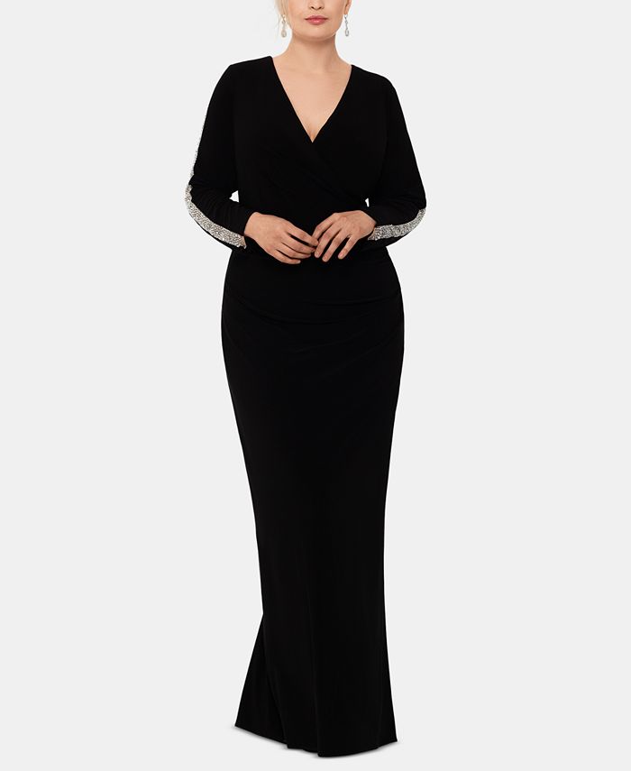 Xscape Women's Long Sleeve V Neck Full-Length Sheath Evening Dress Black Size 14W