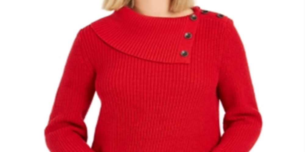 Style & Co Women's Envelope Neck Scalloped Edge Sweater Green Size Petite L