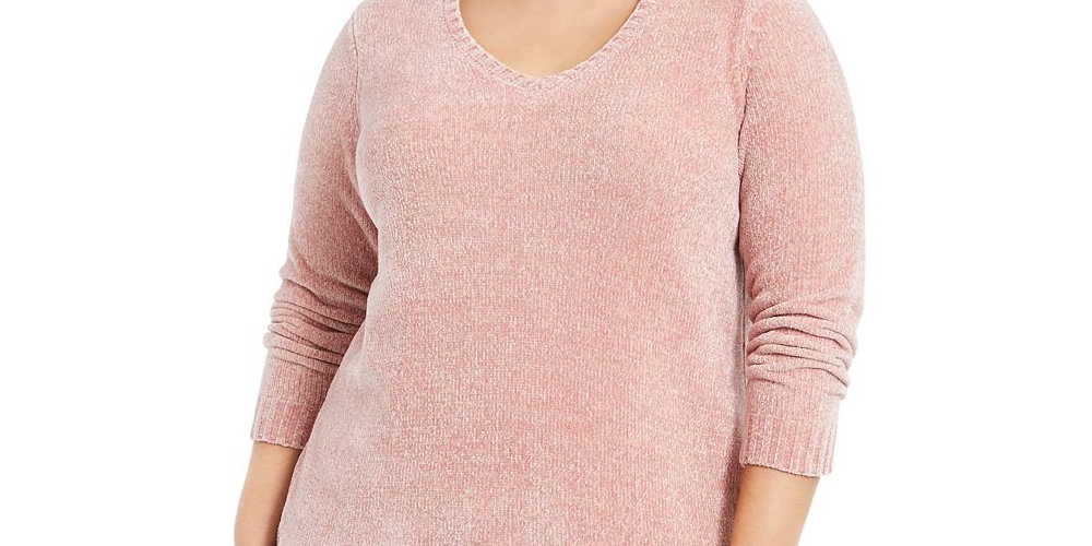 Karen Scott Women's Plus V Neck Chenille Sweater Pink Size 2X