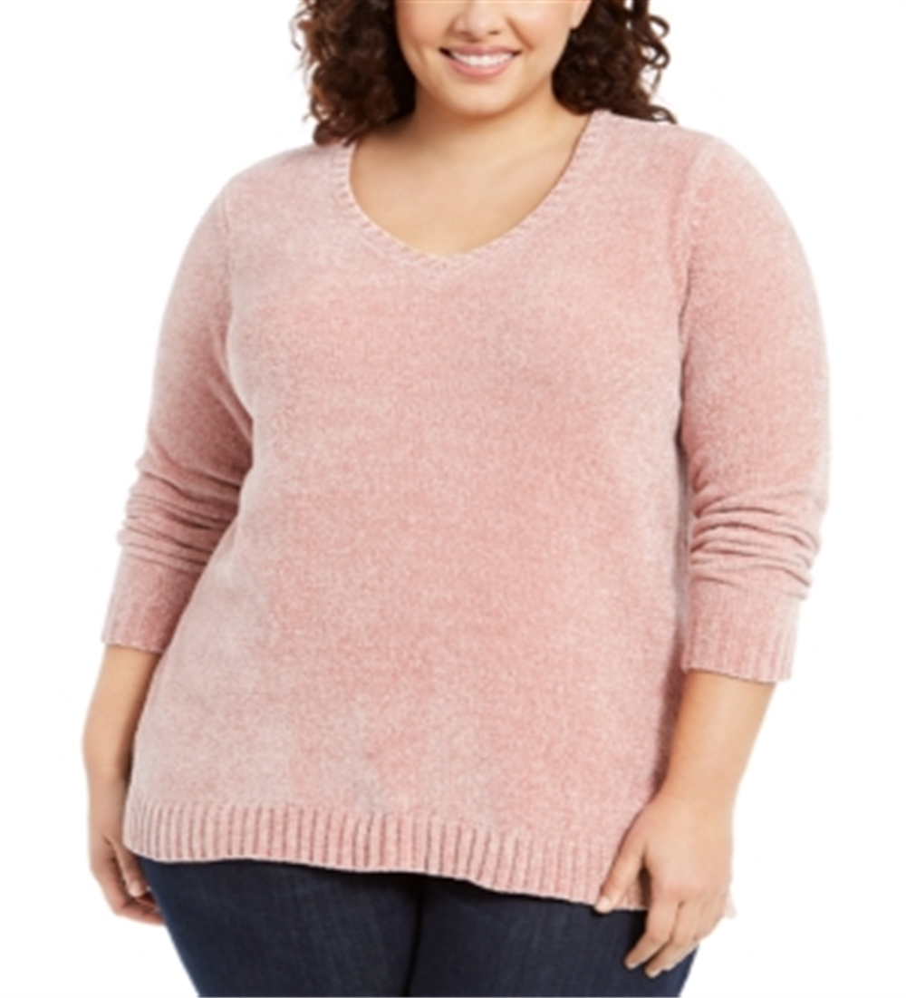 Karen Scott Women's Plus V Neck Chenille Sweater Pink Size 2X