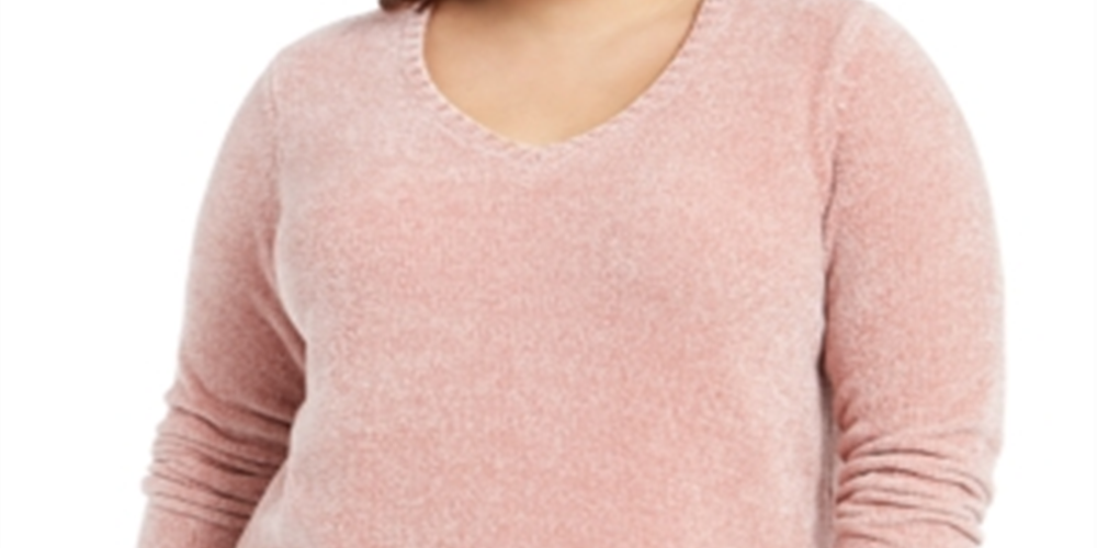 Karen Scott Women's Plus V Neck Chenille Sweater Pink Size 2X