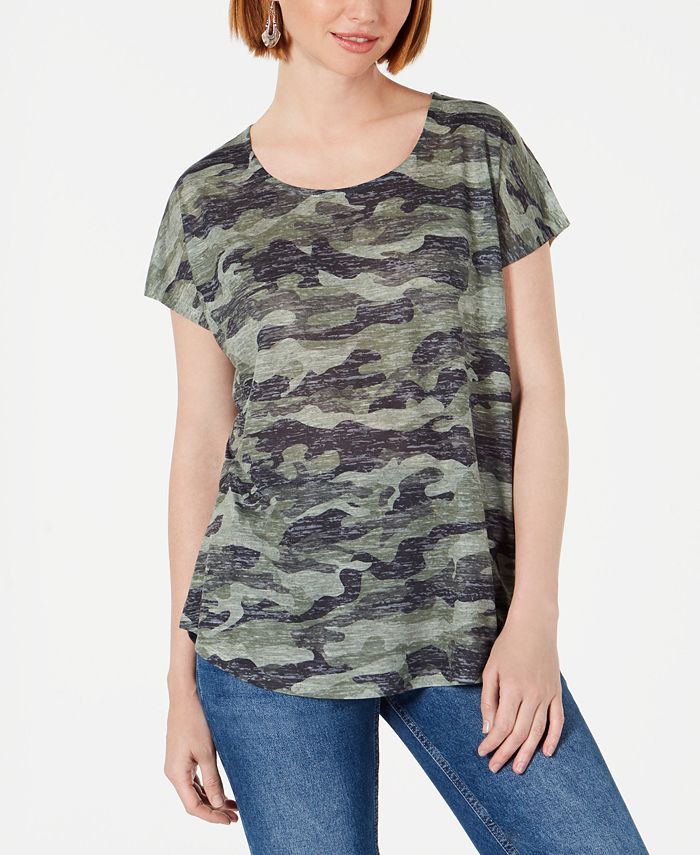 Style & Co Women's Camo Print Scoop Neck Top Green Size Small