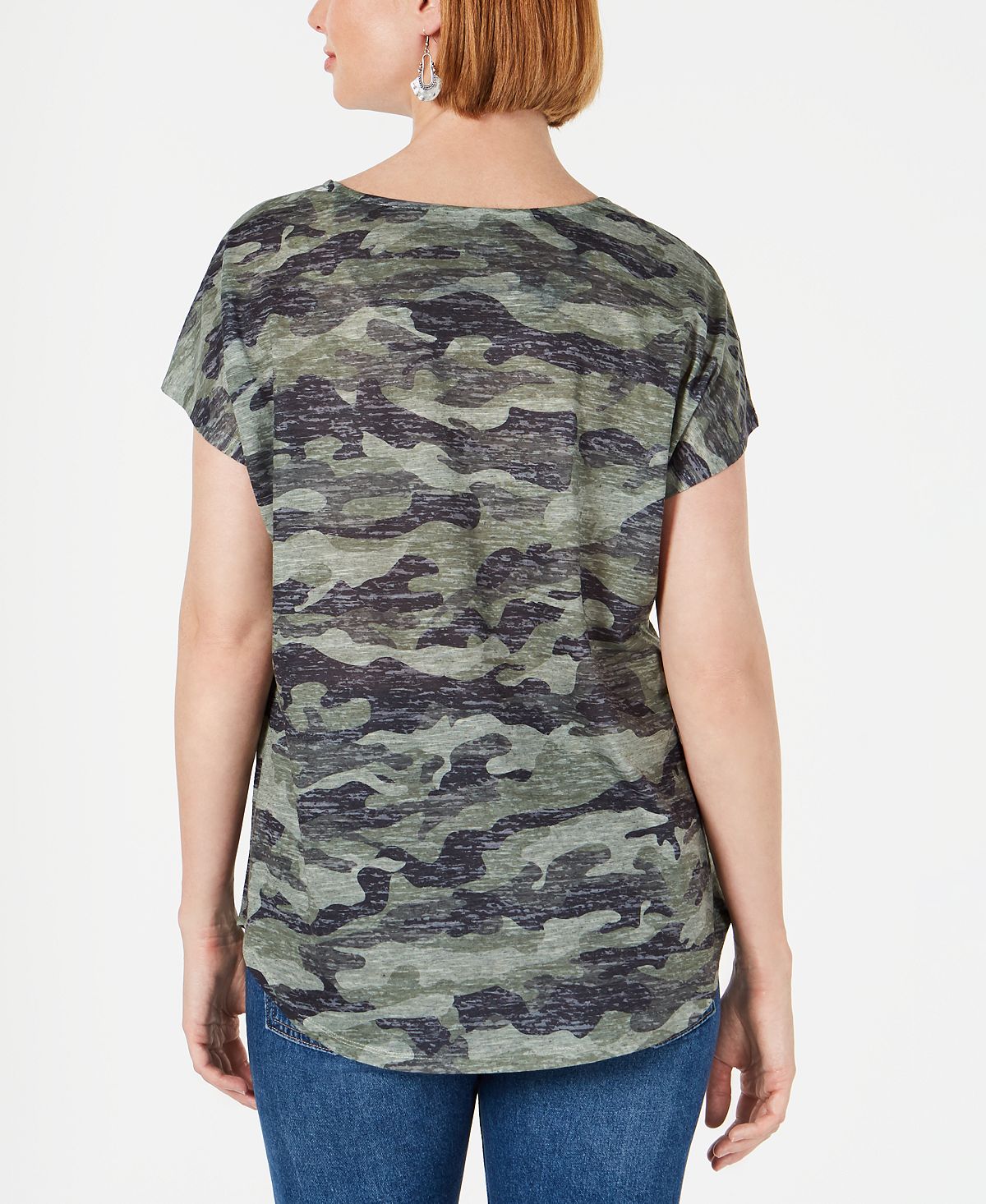 Style & Co Women's Camo Print Scoop Neck Top Green Size Small