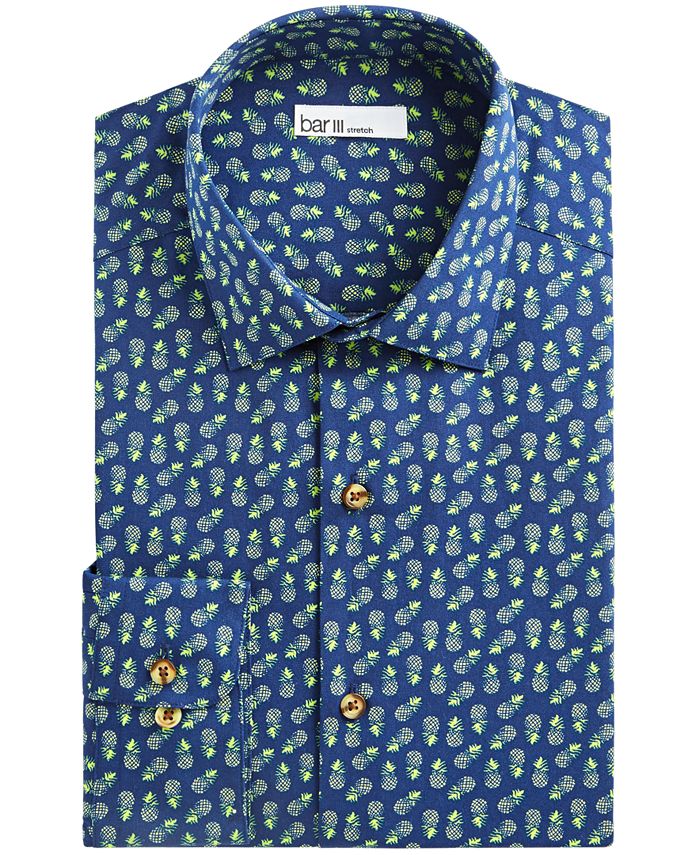 Bar III Men's Maxs Tossed Pineapple Slim Fit Print Button Down Shirt Blue Size XL