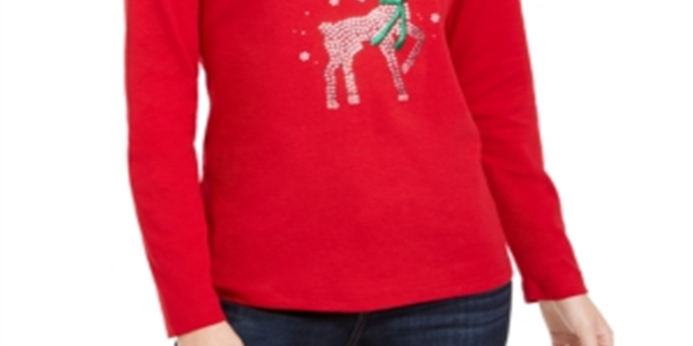Karen Scott Women's Rhinestone Reindeer Holiday Shirt Red Size X-Small