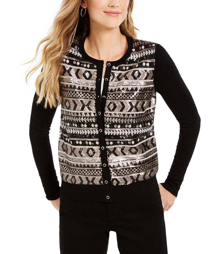 Charter Club Women's Sequined Fair Isle Cardigan Black Size Medium