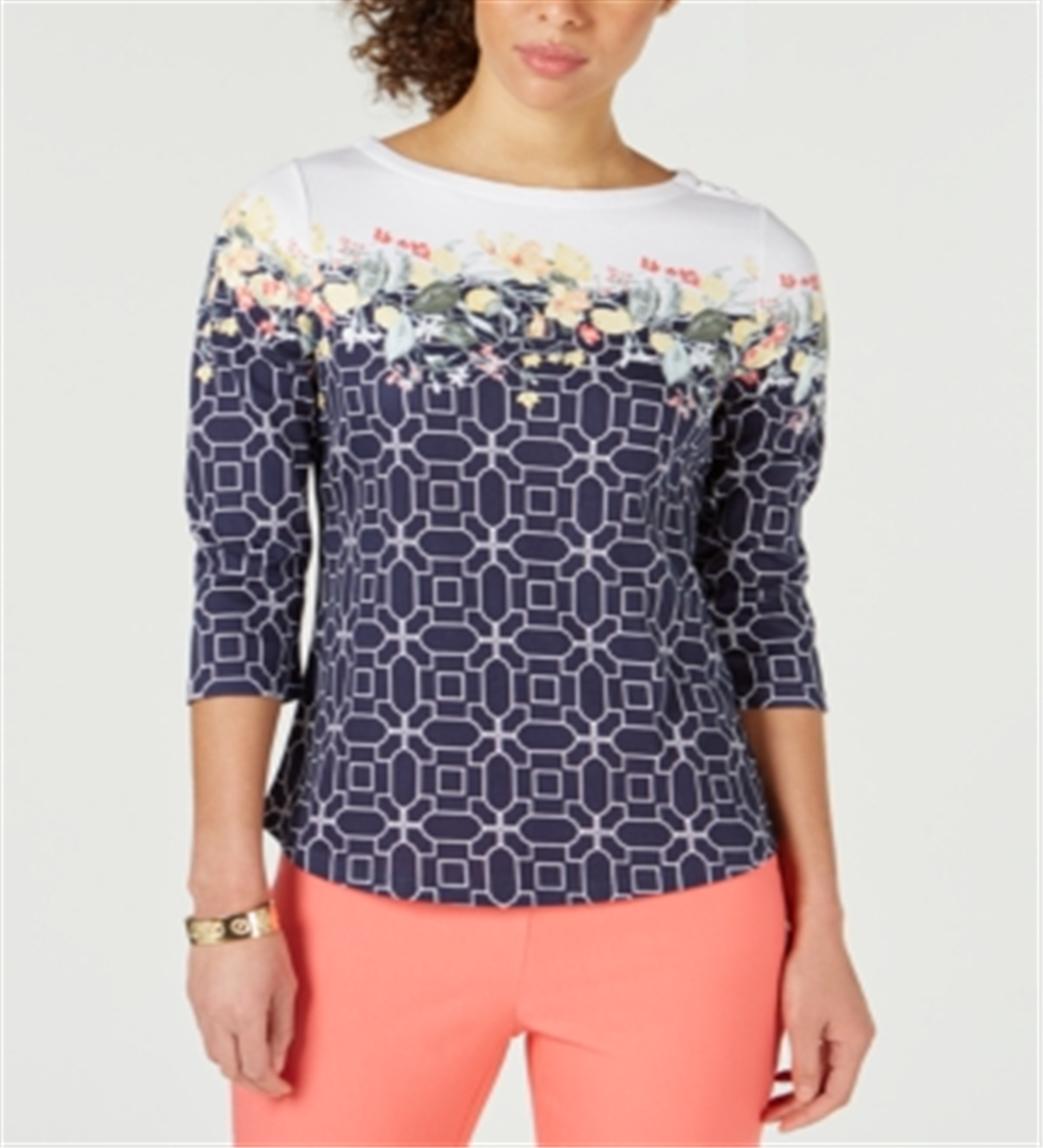 Charter Club Women's Pima Cotton Combo-Print Top  Blue Size XL