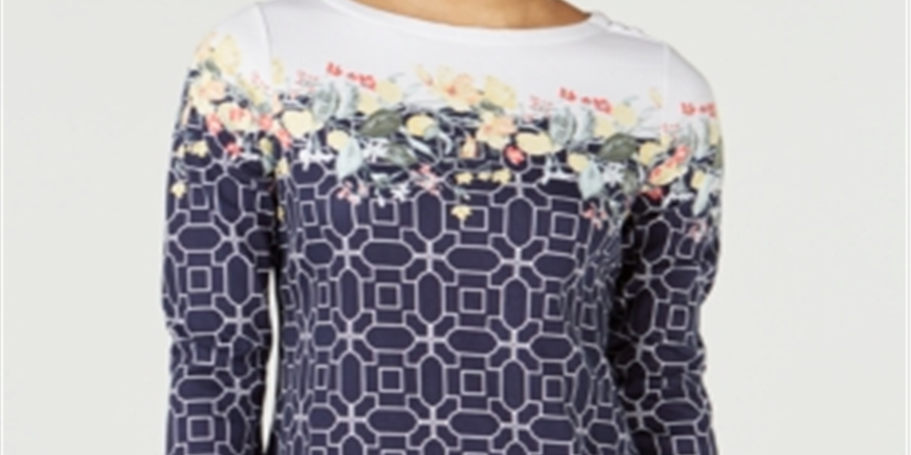 Charter Club Women's Pima Cotton Combo-Print Top  Blue Size XL