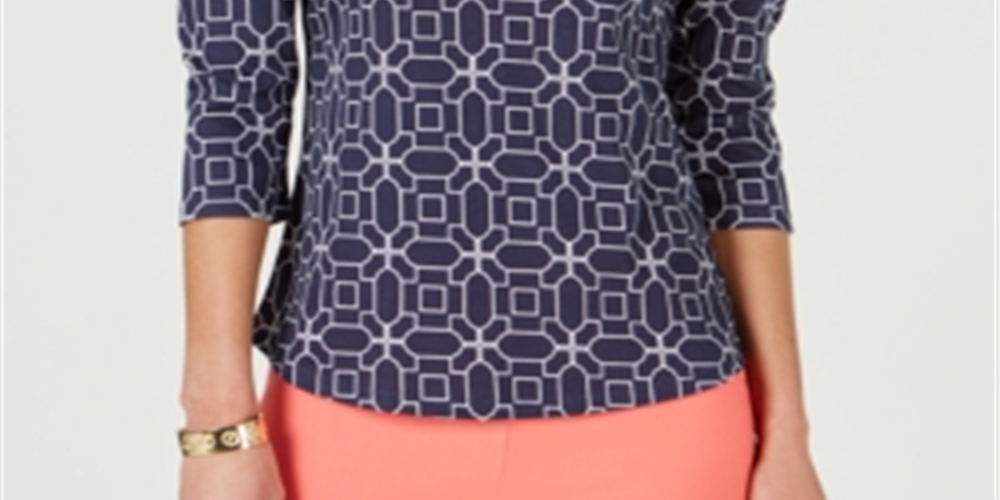 Charter Club Women's Pima Cotton Combo-Print Top  Blue Size XL