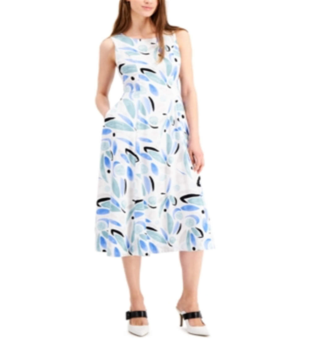 Alfani Women's Zippered Patterned Sleeveless Jewel Neck Below the Knee Fit + Flare Evening Dress Blue Size 14