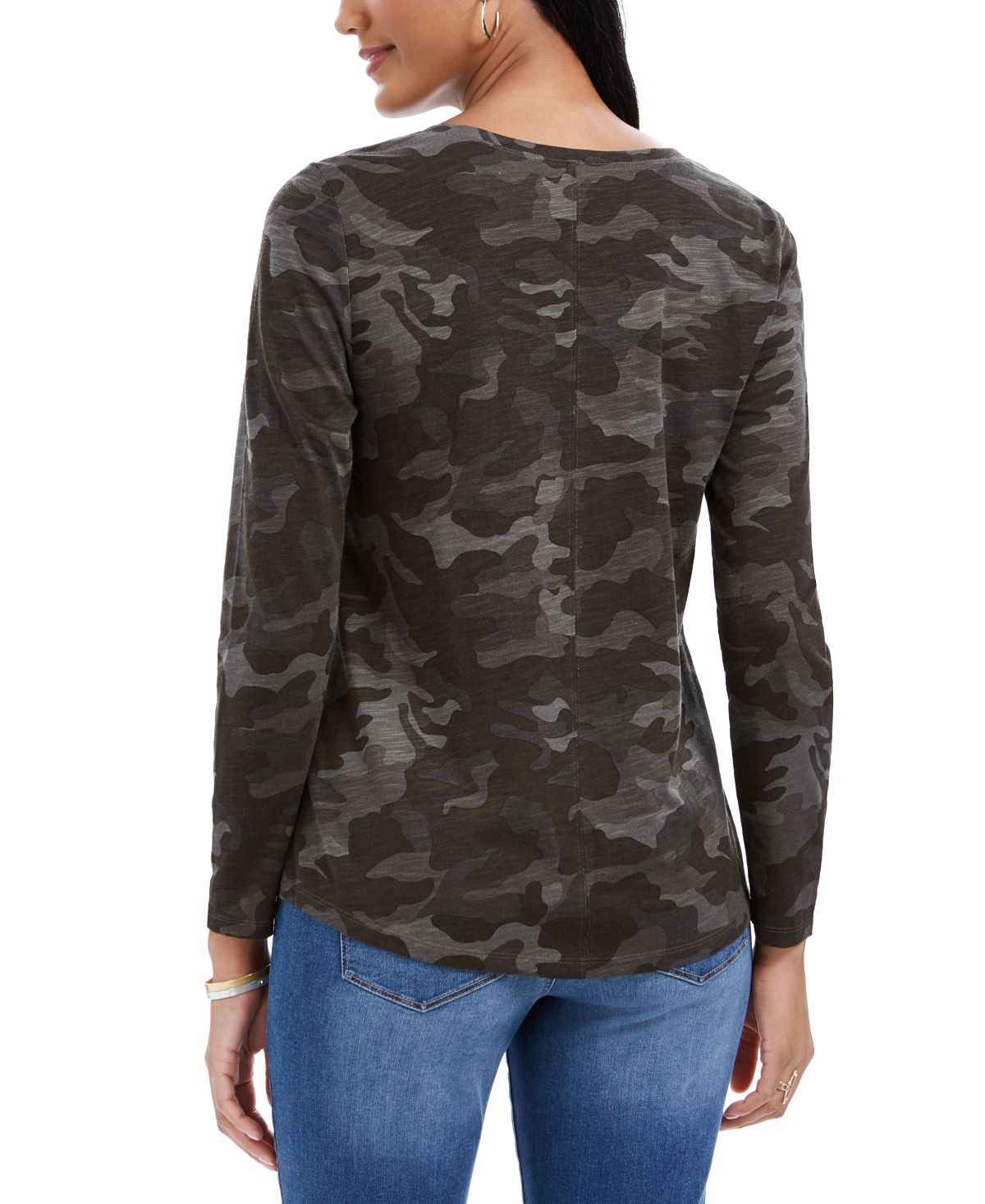 Style & Co Women's Camouflage Print V Neck Top Green Size Small