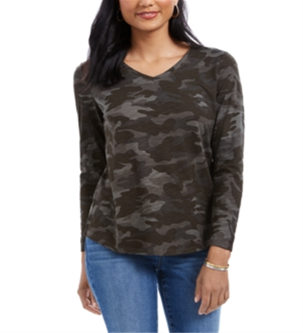 Style & Co Women's Camouflage Print V Neck Top Green Size Small