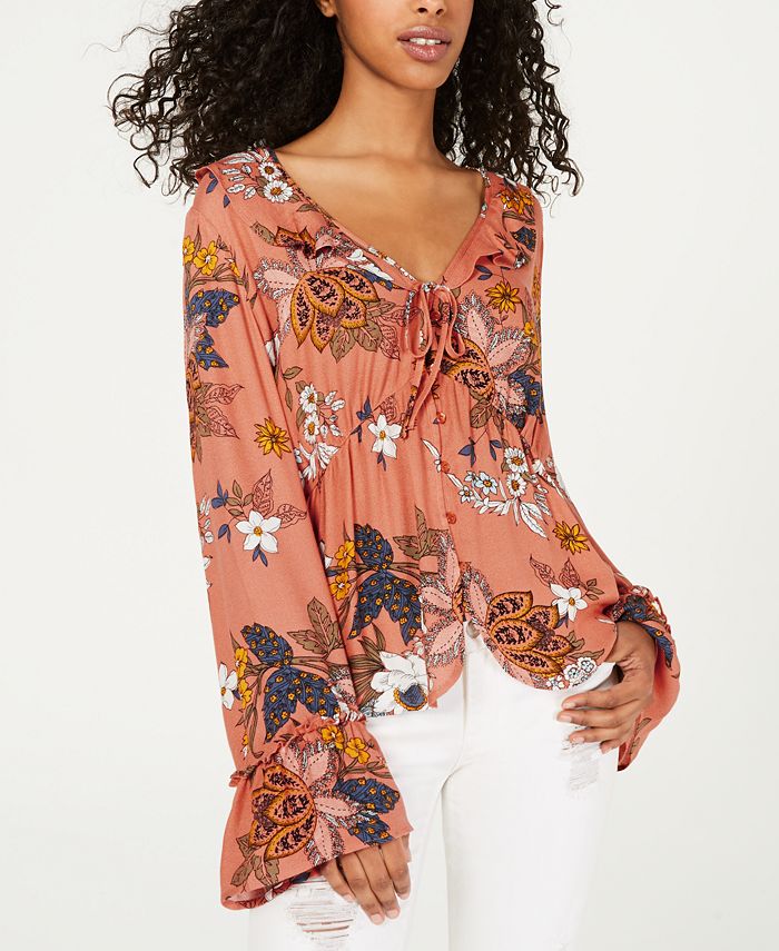 Dickies Women's Floral Print Tie Front Blouse Orange Size S