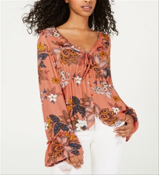 Dickies Women's Floral Print Tie Front Blouse Orange Size S
