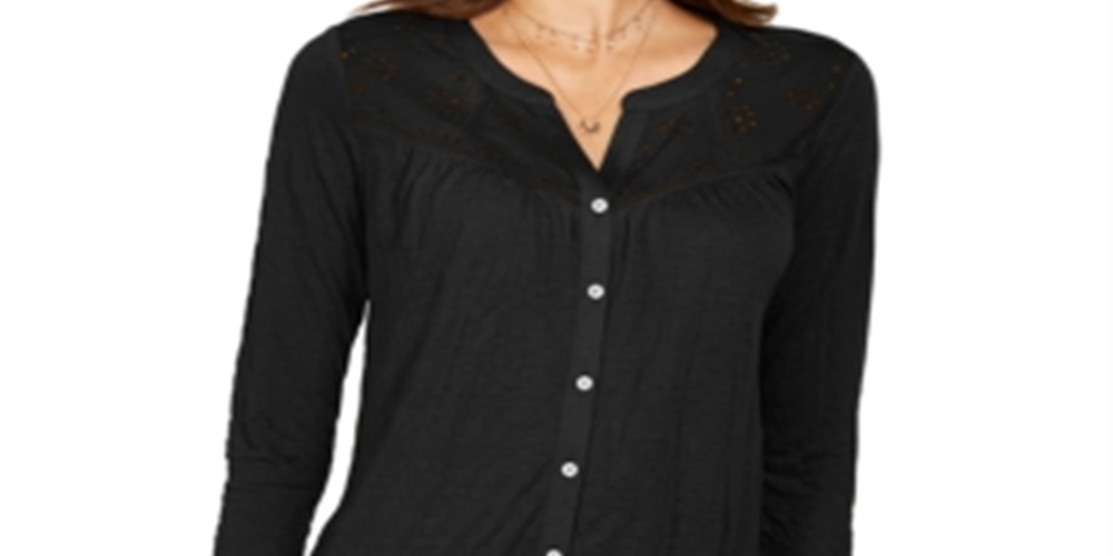 Style & Co Women's Eyelet Button Front Top Black Size Large