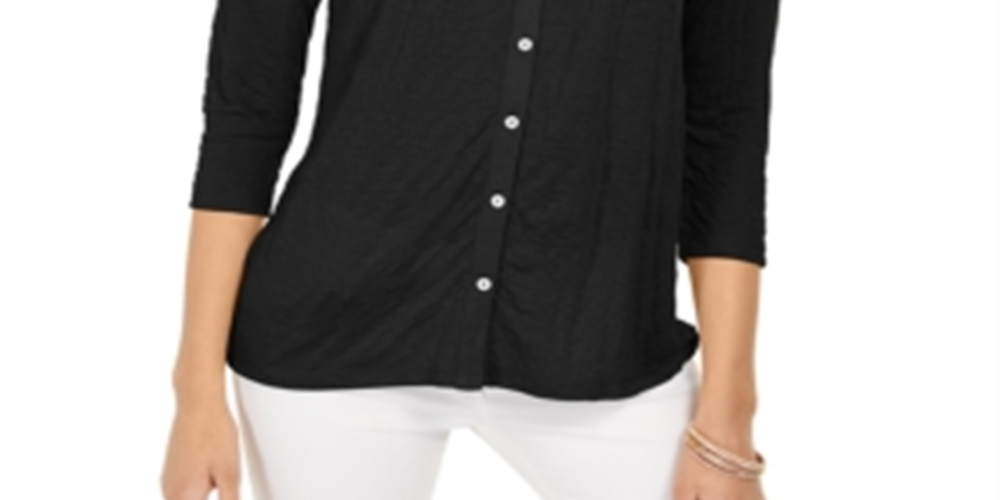 Style & Co Women's Eyelet Button Front Top Black Size Large