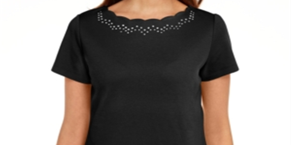 Karen Scott Women's Cotton Scalloped Neck T-Shirt Black Size Medium