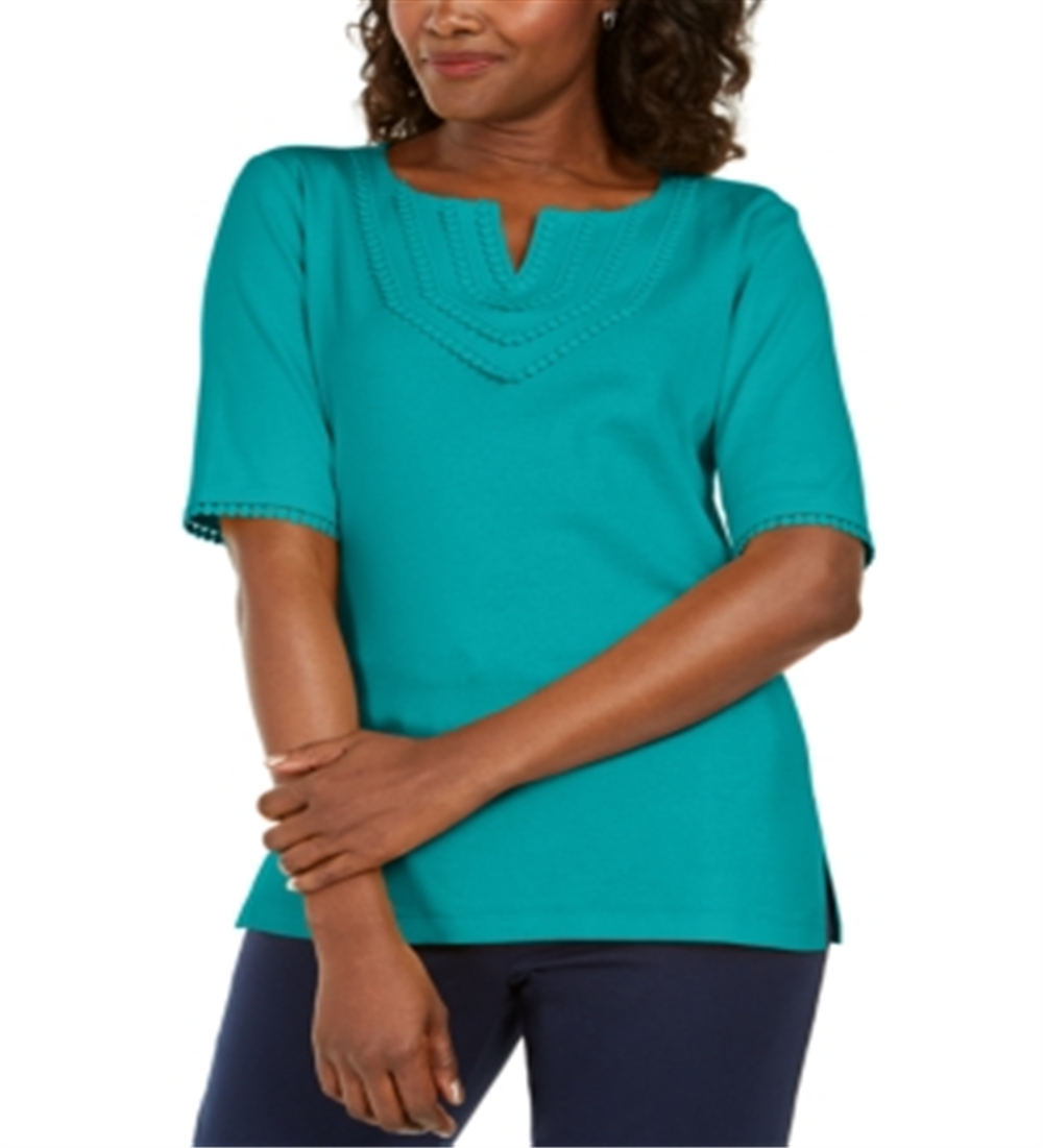 Karen Scott Women's Crochet Trim Split Neck Top Green Size X-Small