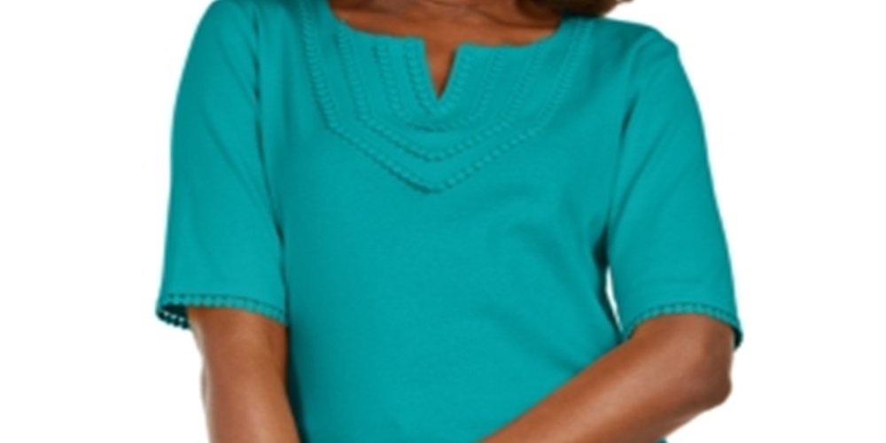 Karen Scott Women's Crochet Trim Split Neck Top Green Size X-Small
