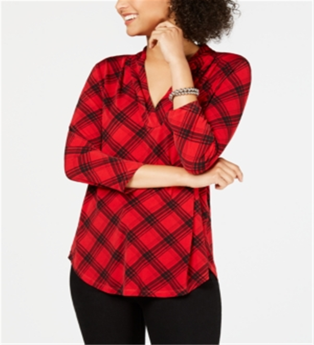 Charter Club Women's Plaid 3/4 Sleeve Top Red Size Petite XL