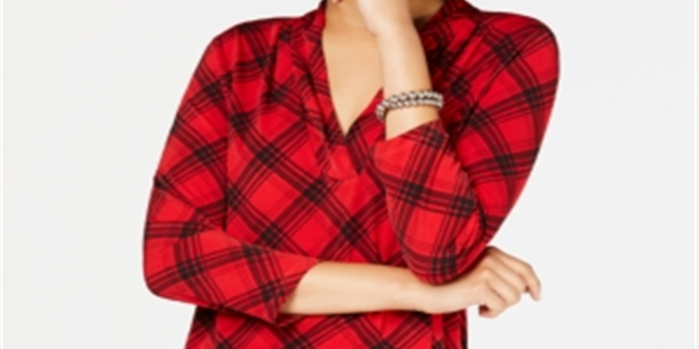 Charter Club Women's Plaid 3/4 Sleeve Top Red Size Petite XL