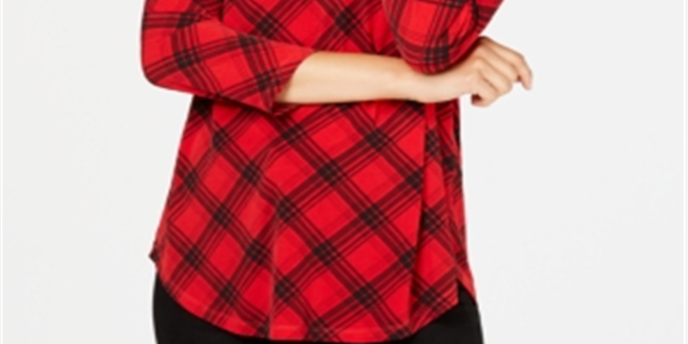Charter Club Women's Plaid 3/4 Sleeve Top Red Size Petite XL