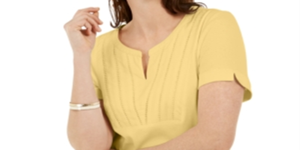 Karen Scott Women's Woven Split Neck Top Yellow Size Small