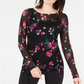 INC Women's Floral Long Sleeve Jewel Neck Top Black Size Medium