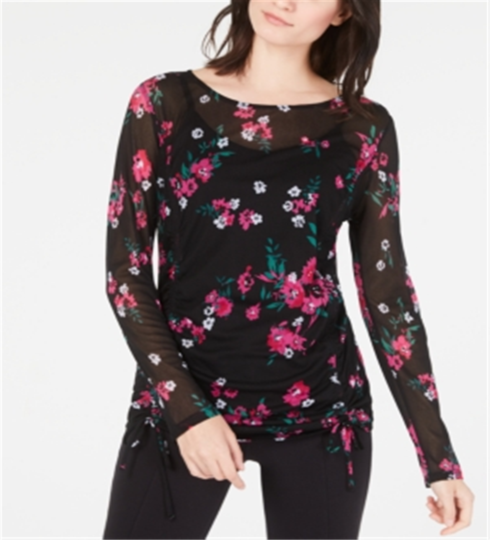 INC Women's Floral Long Sleeve Jewel Neck Top Black Size Medium