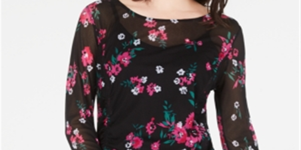 INC Women's Floral Long Sleeve Jewel Neck Top Black Size Medium