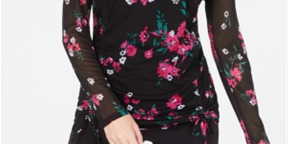 INC Women's Floral Long Sleeve Jewel Neck Top Black Size Medium