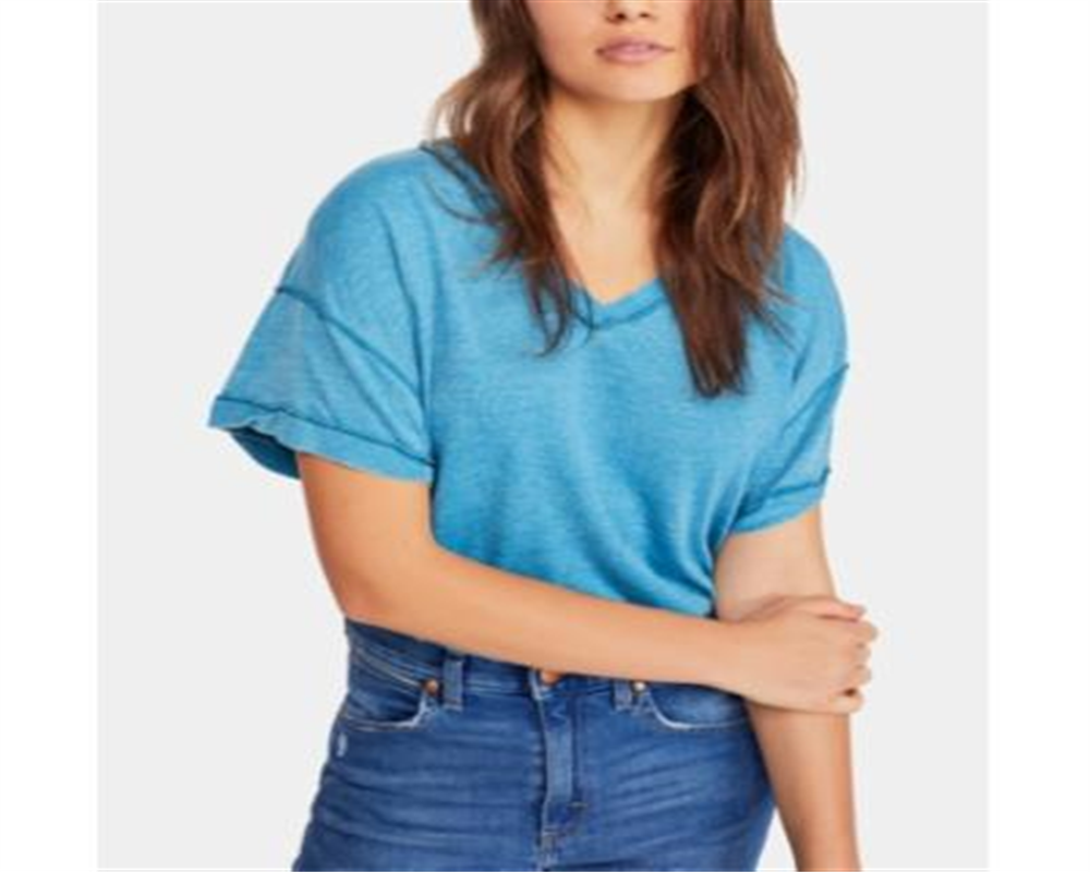 Free People Women's All Mine Cut Out Exposed Hem T-Shirt Blue Size L