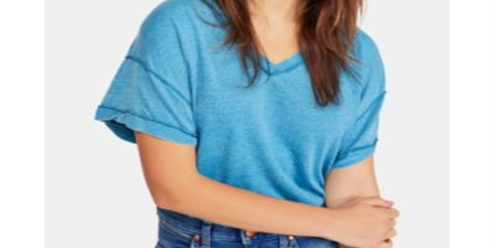 Free People Women's All Mine Cut Out Exposed Hem T-Shirt Blue Size L