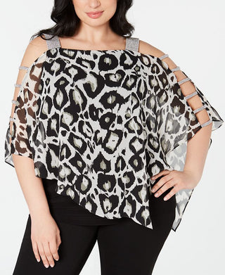 MSK Women's Rhinestone Animal Print Square Neck Top Black Size 1X