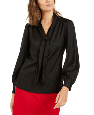 Calvin Klein Women's Jacquard Bow Neck Blouse Black Size Petite L