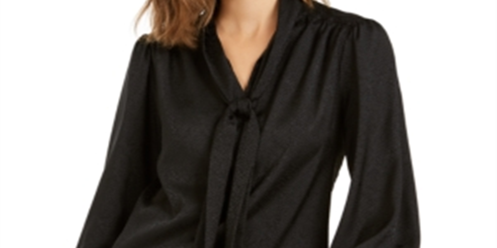 Calvin Klein Women's Jacquard Bow Neck Blouse Black Size Petite L