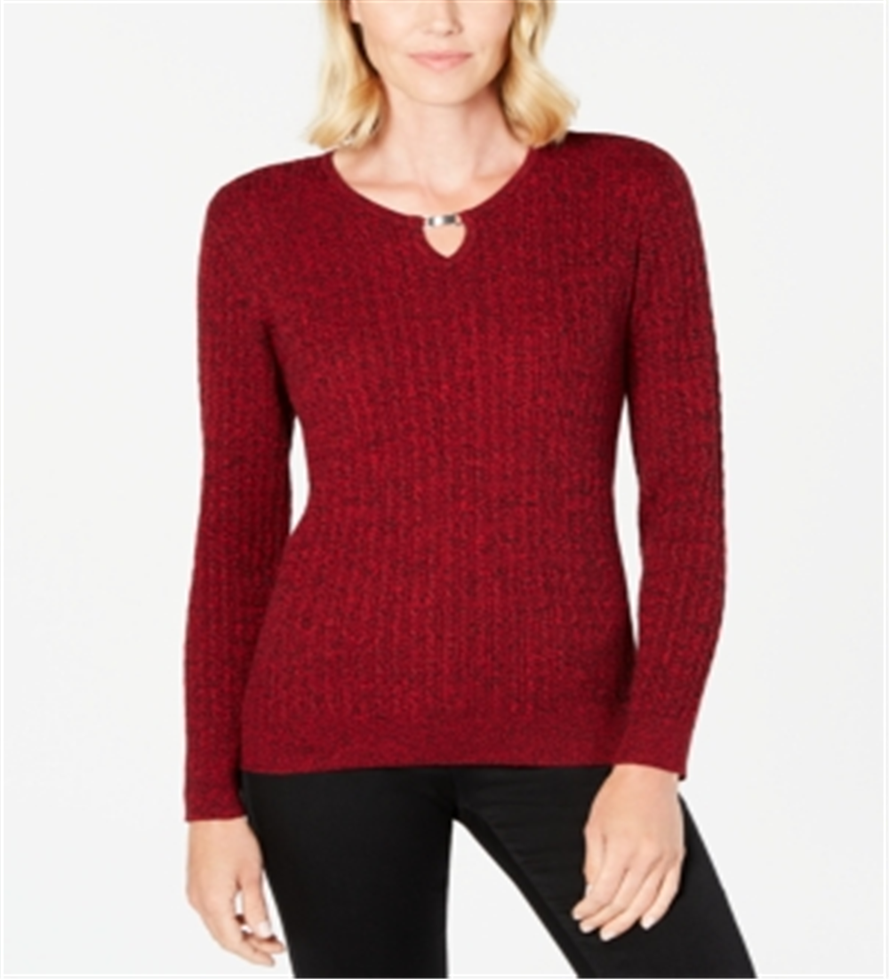 Karen Scott Women's Cotton Cable Knit Keyhole Sweater Red Size Petite Small