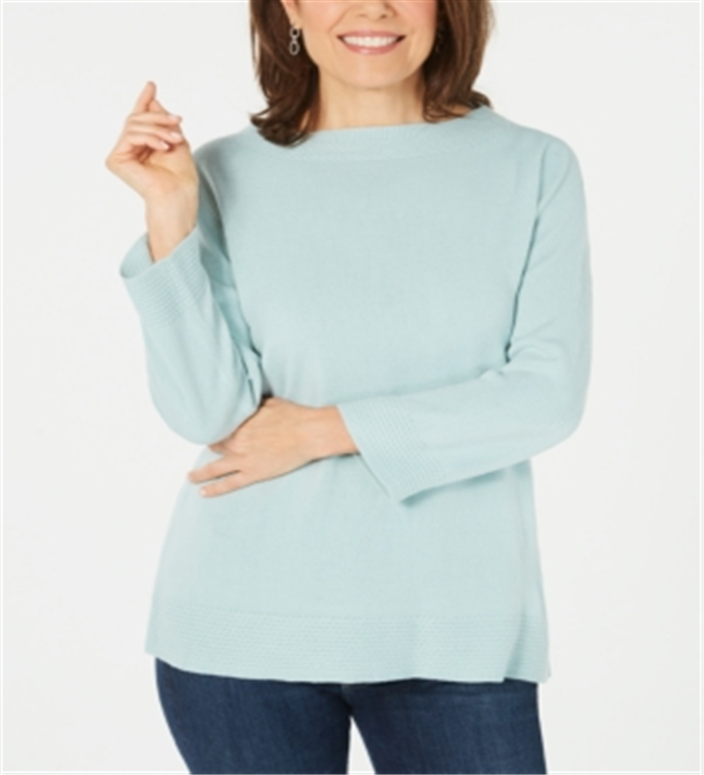 Karen Scott Women's Ribbed Printed Long Sleeve Crew Neck Blouse Top Blue Size Petite XL