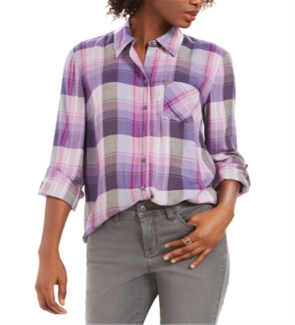 Style & Co Women's Plaid One Pocket Shirt Purple Size Medium