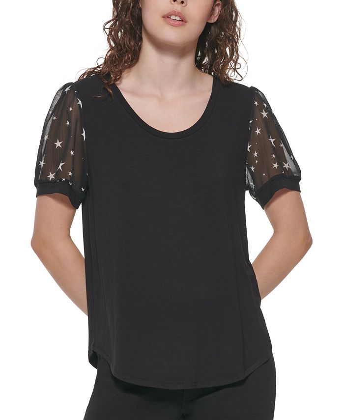 DKNY Women's Puff Sleeve Mixed Media Top  Black Size Large