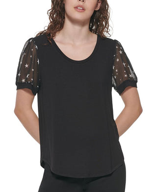 DKNY Women's Puff Sleeve Mixed Media Top  Black Size Large