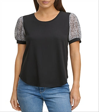 DKNY Women's Puff Sleeve Mixed Media Top  Black Size Large