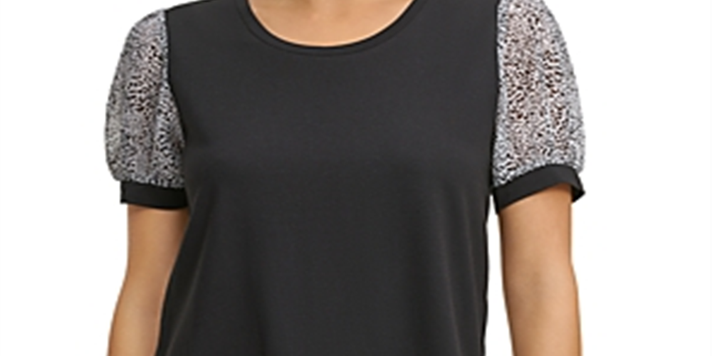 DKNY Women's Puff Sleeve Mixed Media Top  Black Size Large