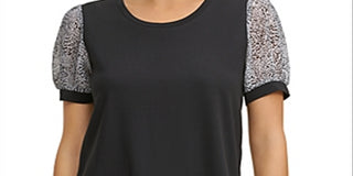 DKNY Women's Puff Sleeve Mixed Media Top  Black Size Large
