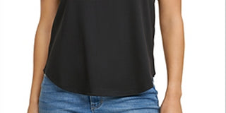 DKNY Women's Puff Sleeve Mixed Media Top  Black Size Large