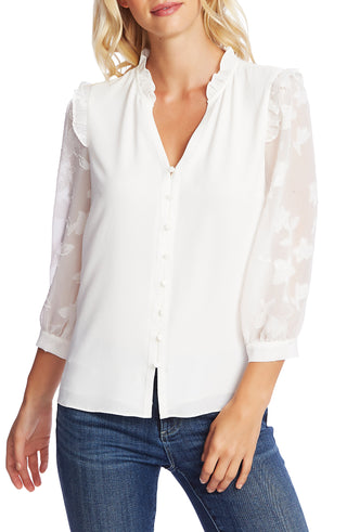 CeCe Women's Mixed Media Ruffled Top White Size X-Large