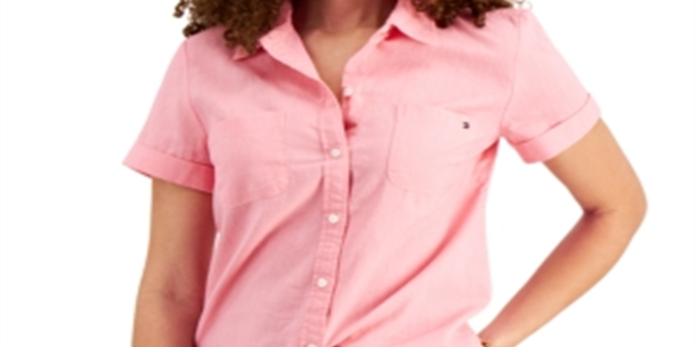 Tommy Hilfiger Women's Linen Camp Shirt Pink Size Small