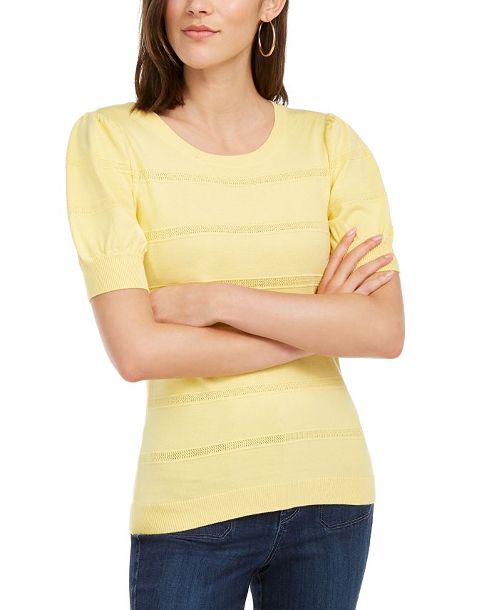 Maison Jules Women's Pointelle Puff Sleeves Sweater Yellow  Size L
