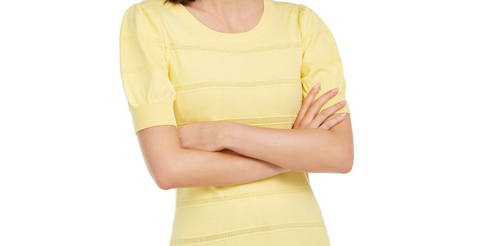 Maison Jules Women's Pointelle Puff Sleeves Sweater Yellow  Size L